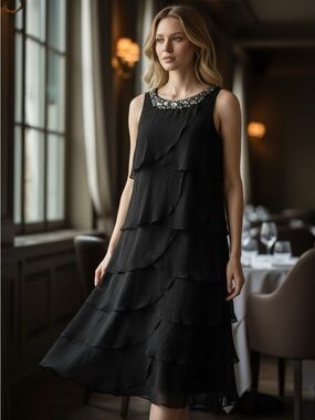R&M Richards Black Tiered Midi Dress with Jeweled Neckline